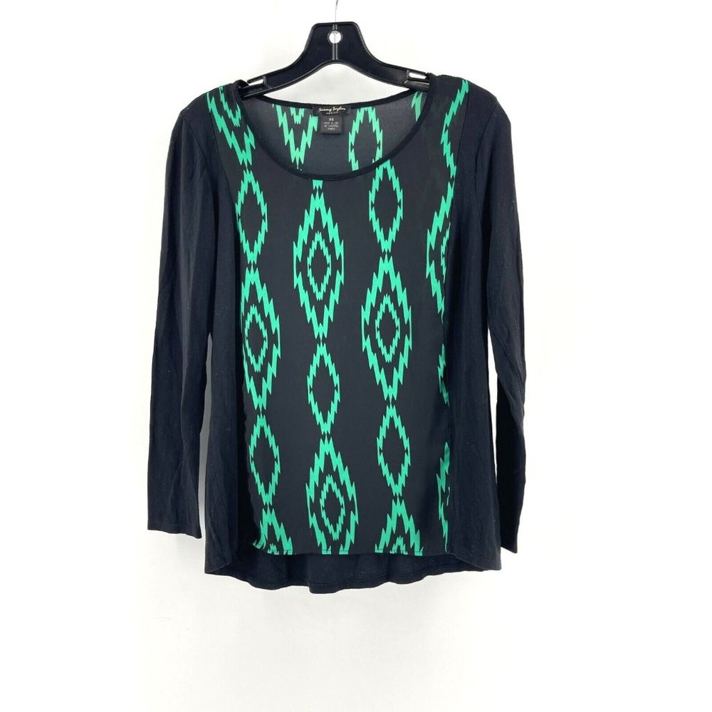 Sunny Taylor Petite Women's Black Geometric Print Long Sleeve Print Top Shirt PS